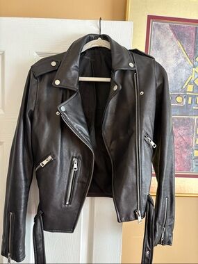 Women's Black Leather Biker Jacket with Silver Hardware